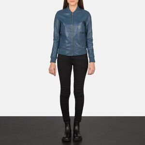 The Jacket Maker Women's Medium Blue Bliss Jacket Full-Zip Leather Moto Bomber